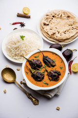 Baingan masala / Eggplant / brinjal curry served with chapati and rice, selective focus