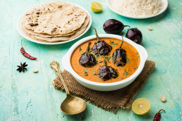 Baingan masala / Eggplant / brinjal curry served with chapati and rice, selective focus