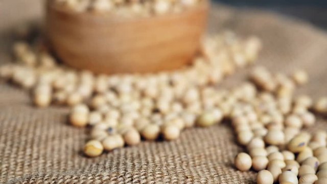 Video footage of fresh raw soybeans in wooden bowl with soy bean on gunny sack cloth, close up, full high defination resolution, thirty frame per second, slowmotion