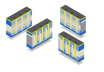 Vector isometric high rise building in urban city. Different sides of house on white background.