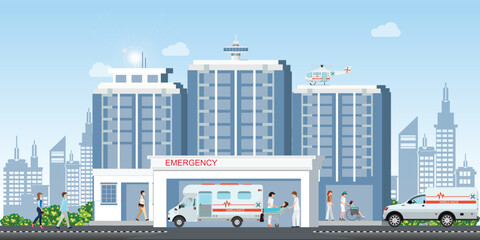 Hospital building with ambulance car and medical emergency chopper helicopter medical.