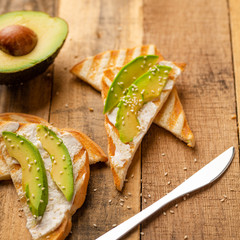 avocado sandwiches, Philadelphia cheese with toast and sesame, morning breakfast, healthy and clean food