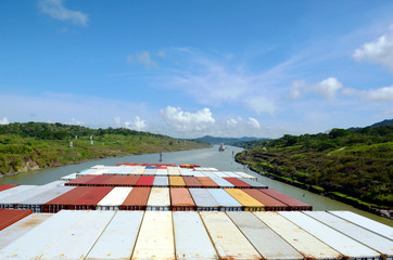 Container ships transiting through Panama Canal.