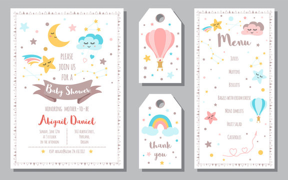 Baby Shower invitation templates banners Menu, Thank You Moon Star rainbow Vector illustration