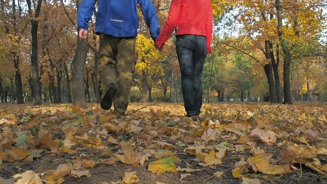 The married couple walks in autumn park. A man and a woman are walking on yellow autumn leaves.
