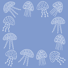 Square frame with Jellyfish drawn in line art style.. Doodle background for your text . Vector