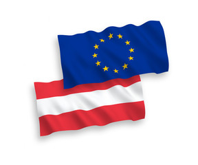 National vector fabric wave flags of Austria and European Union isolated on white background. 1 to 2 proportion.