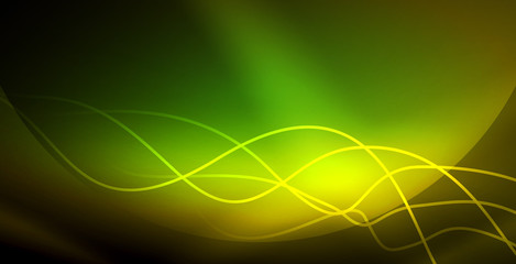 Glowing abstract wave on dark, shiny motion, magic space light. Techno abstract background