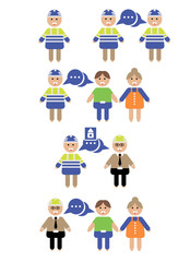 A set of flat design characters for the construction of the house building contractor, architect, client - a married couple, infographics, the sale and purchase transaction
