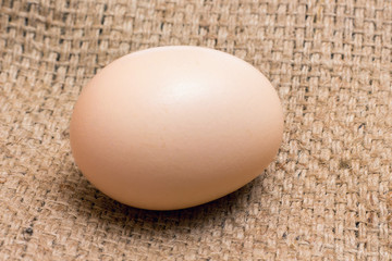 Fresh chicken egg lays on a rough sack_