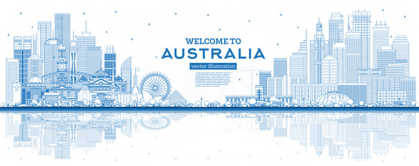 Outline Welcome to Australia Skyline with Blue Buildings and Reflections. - obrazy, fototapety, plakaty