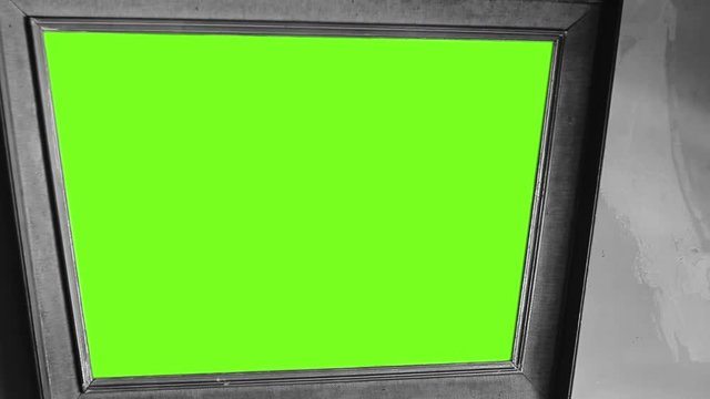 Old Mirror Or Picture Frame With Green Screen. Black And White Tone. Zoom Out. 