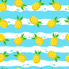 Seamless  pattern with pineapples and waves on white background. Summer, tropical, exotic, freshness, food concept for wrapping, wallpaper, backdrop. Vector illustration EPS 10.