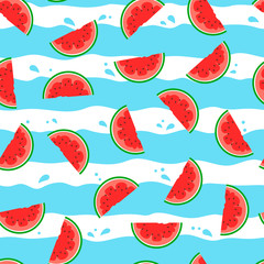 Seamless pattern with watermelon slices waves stripes on white background. Summer, exotic, freshness, food concept for wrapping, wallpaper, backdrop. Vector illustration EPS 10.