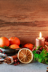 Bowl with oranges among Christmas decorations.