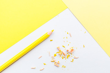 Mockup Blank page with yellow pencil. Top view with copy space for input the text. Flat lay, yellow...