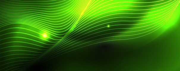 Smoky glowing waves in the dark. Dark abstract background with neon color light and wavy lines. Vector