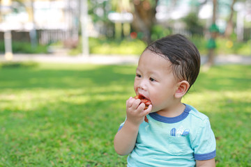 Fototapeta premium Asian baby boy enjoy eating fried chicken in the green garden outdoor.