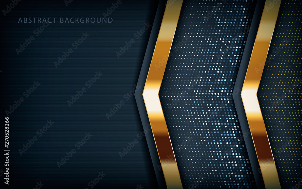Poster dark abstract background with black arrow overlap layers. texture with golden and silver glitters do