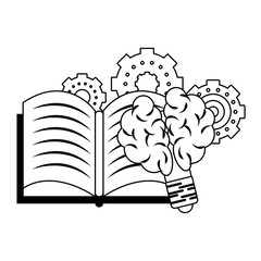 Book open with gears and bulb light brain shape in black and white
