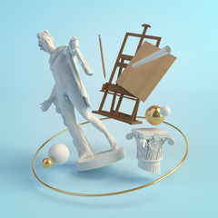3d illustration concept of the ancient art, statue of Apollo Belvedere, column, easel, creative