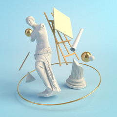 3d illustration concept of the ancient art, statue of Venus de Milo, column, easel, education, creative