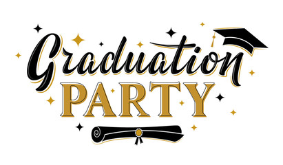 Graduation party greeting sign with stars, cap and diploma. Vector for graduation design, congratulation ceremony, invitation card, banner. Grads symbol for university, high school, academy, college