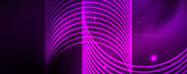 Shiny neon lights, dark abstract background with blurred magic neon light curved lines