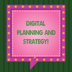 Writing note showing Digital Planning And Strategy. Business photo showcasing Marketing Analysis Business development Square Speech Bubbles Inside other with Broken Line Circles