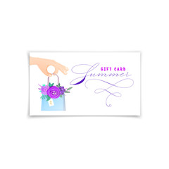 Summer design, business gift card - hand holding a bag full of flowers.