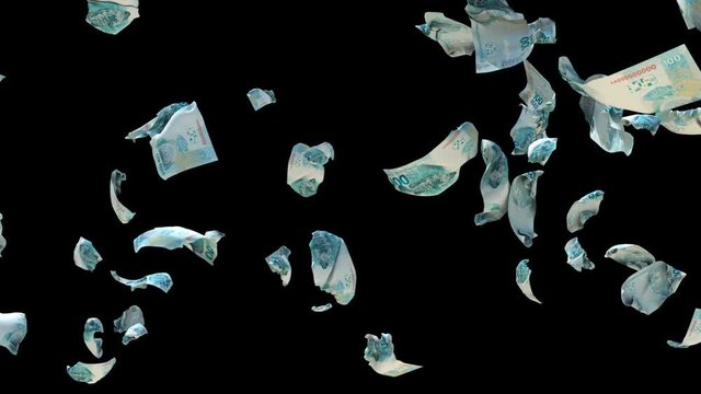 Brazil Reais currency flying in slow motion, against black