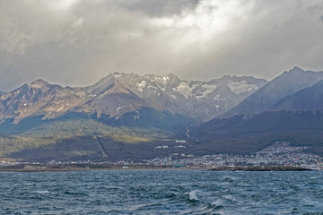 Argentina, Patagonia – view from the ocean to the mountain peaks.