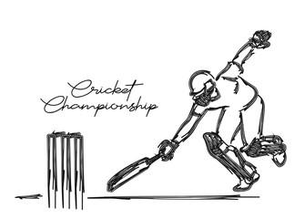 Concept of Batsman playing cricket- cricketer running between the wicket ( Run Out ) - championship, Line art design Vector illustration.