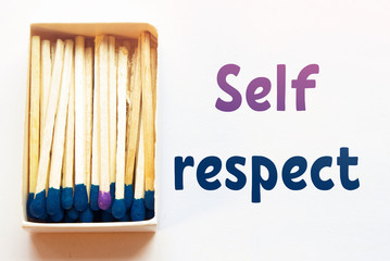 Blue matches and one match of purple color in a box. Difference, self respect and acceptance concept. Motivational phrase on the image. Opposition, uniqueness, not like others concept.
