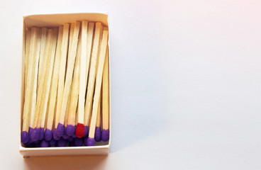 Purple matches and one match of red color in a box. Self respect and yourself acceptance concept. Copyspace on the right side of the image for designers. Uniqueness and individualism concept.