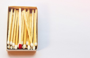 White matches and one match of red color in a box. Self respect and yourself acceptance concept. Copyspace on the right side of the image for designers. Uniqueness and black sheep concept.