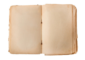 An old opened book with yellowed pages without text isolated on white background.