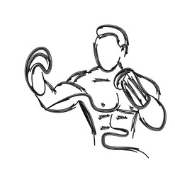 Boxer fighter line drawing over line art vector illustration.