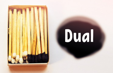 Black and white matches inside the box. Opposition and standoff concept. Black spot and illustration phrase on the right side. Dualism and dual nature conception. Yin and yang symbolism.