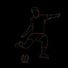 Football player kicks the ball, 3d Color line art ( RGB ) vector illustration.