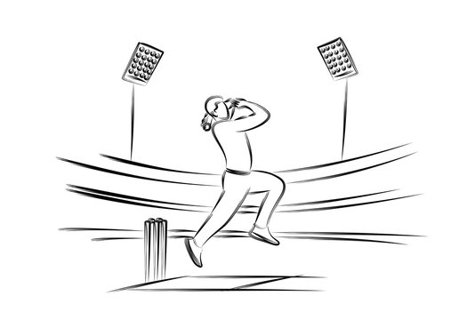 Bowler bowling in cricket championship sports. Line Art design - Vector Illustration.