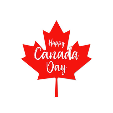 Happy Canada Day badge with calligraphic lettering. Logotype of 1st of July as a red maple leaf. Vector illustration in a paper art style. Isolated abstract graphic design template. T-shirt print idea