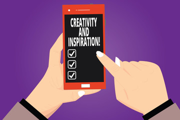 Text sign showing Creativity And Inspiration. Conceptual photo strategy used to make decisions and foster ideas Hu analysis Hands Holding Pointing Touching Smartphone Blank Color Screen
