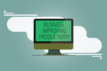 Conceptual hand writing showing Business Improving Productivity. Business photo showcasing Increase of efficiency in producing goods Mounted Computer Monitor Blank Screen on Abstract Background