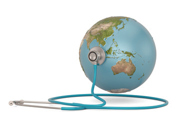 Stethoscope and globe isolated on white background. 3D illustration.