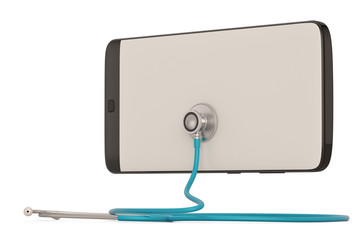 Smart phone  with stethoscope isolated on white background. 3D illustration.