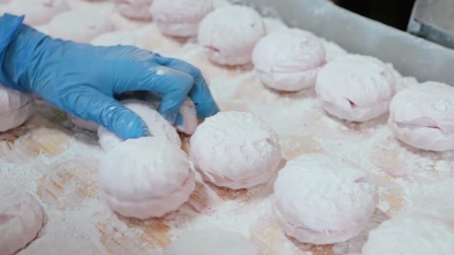 Close-up of a hand in a blue glove gluing, connecting the halves of pink and white marshmallow on a vibrating conveyor. Production of sweets at the confectionery factory