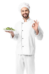 Handsome male chef with salad on white background