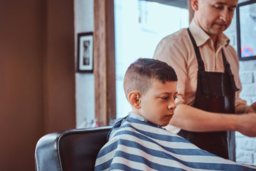 Attractive school boy is getting trendy haircut from mature hairdresser at fashionable hairdressing salon.