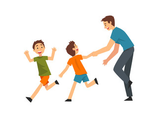 Fototapeta na wymiar Dad and Sons Playing Catch Up and Tag Game, Father and His Children Having Good Time Together, Best, Dad, Happy Family Cartoon Vector Illustration